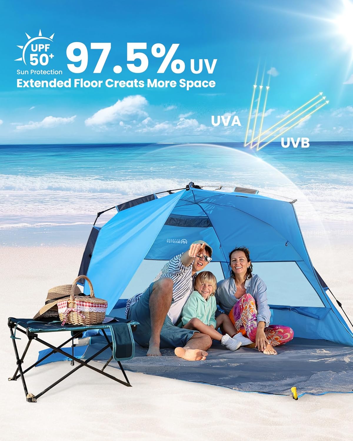 Family sitting under a blue beach tent with sun protection features on a beach.
