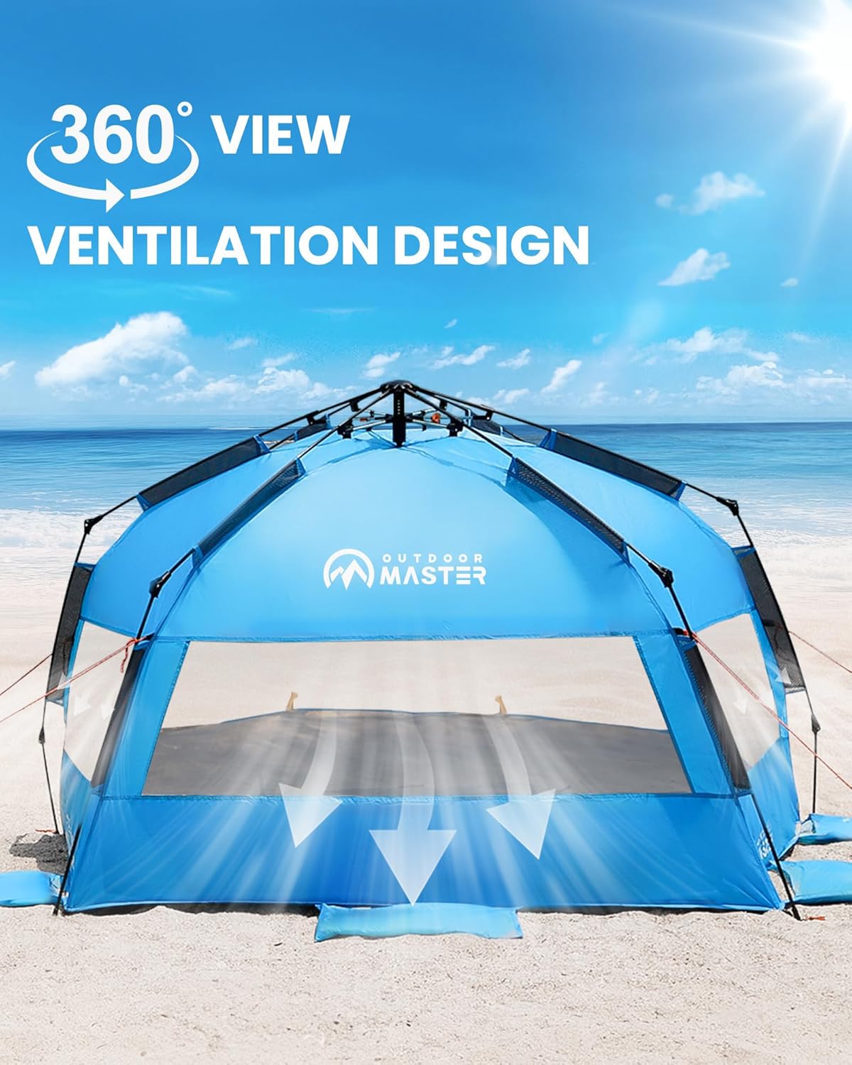 Blue tent with 360-degree ventilation design on a beach