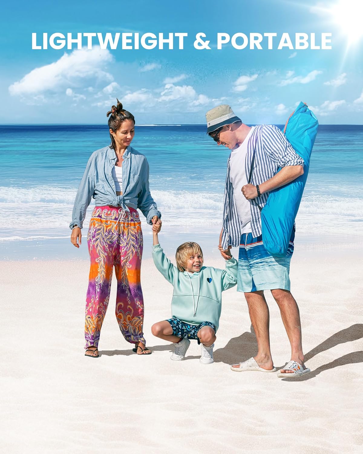 Family of three walking on a beach with a blue bag, text 'Lightweight & Portable' above.