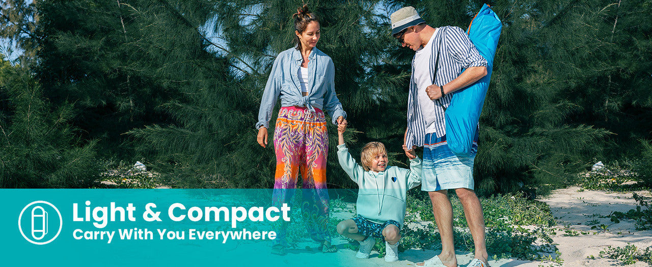 Family with a child holding hands on a beach, with text 'Light & Compact Carry With You Everywhere' and a backpack.