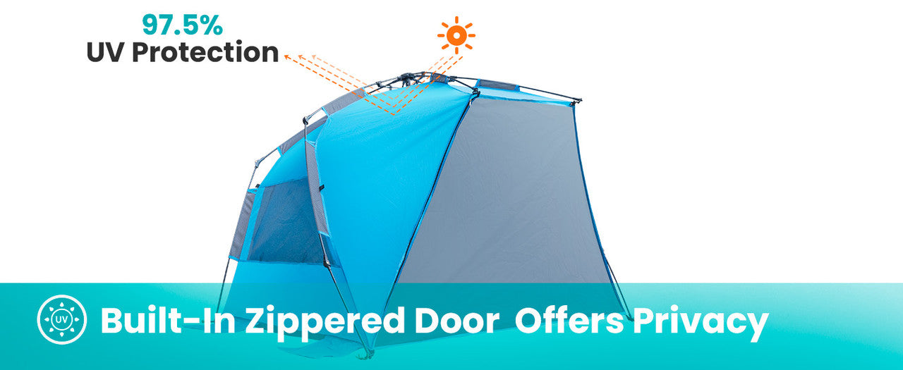 Blue and gray tent with UV protection and privacy features on a white background