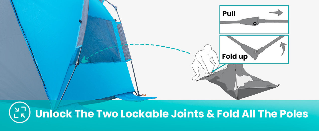 Blue tent with instructions on how to unlock lockable joints and fold poles.