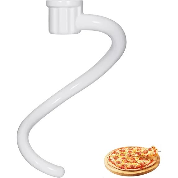 White spiral mixer attachment on a white background with a pizza on a wooden board.