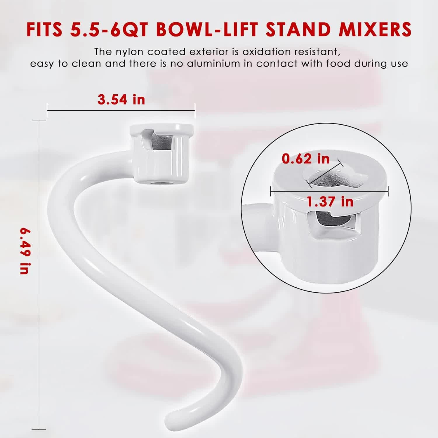 White stand mixer bowl lift with dimensions on a light pink background
