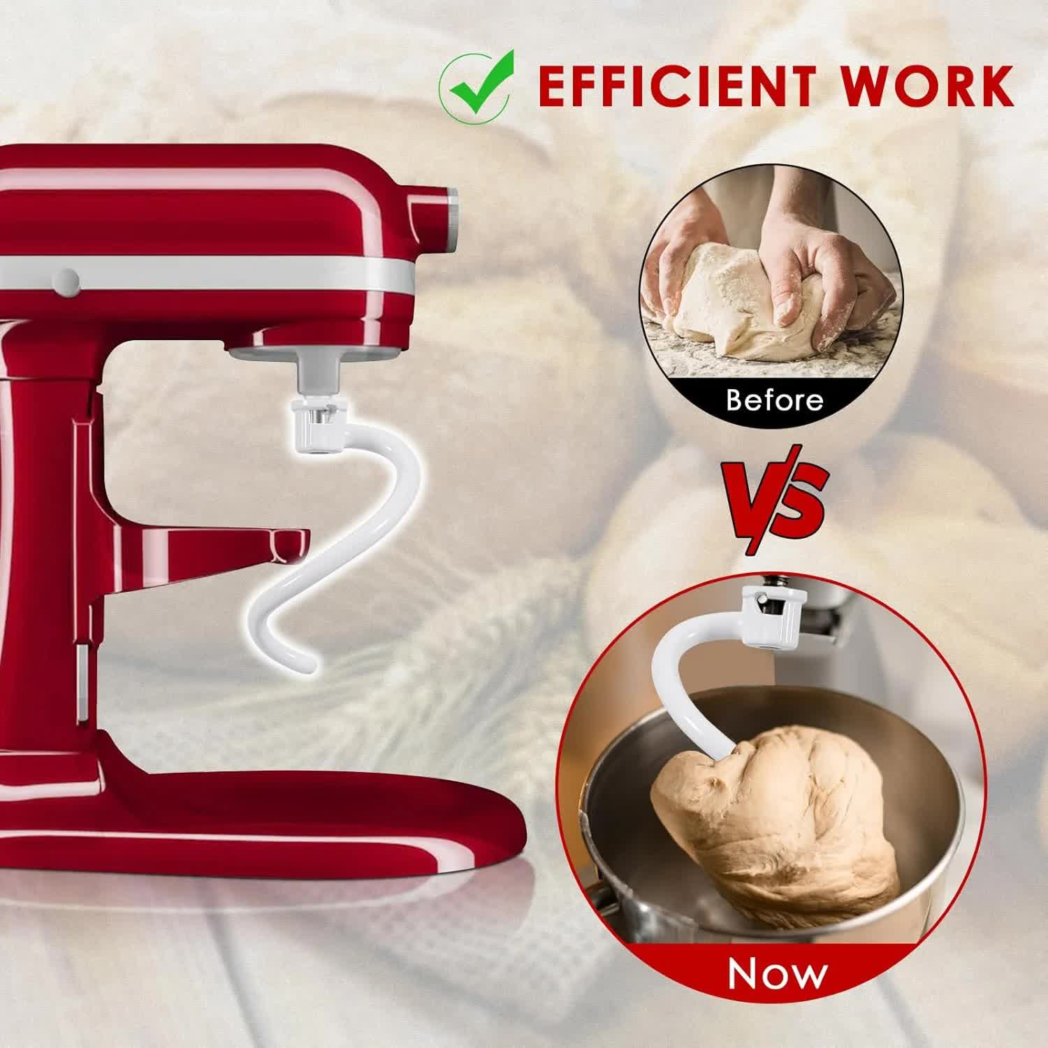 Red stand mixer with dough and text 'Efficient Work' on a light background
