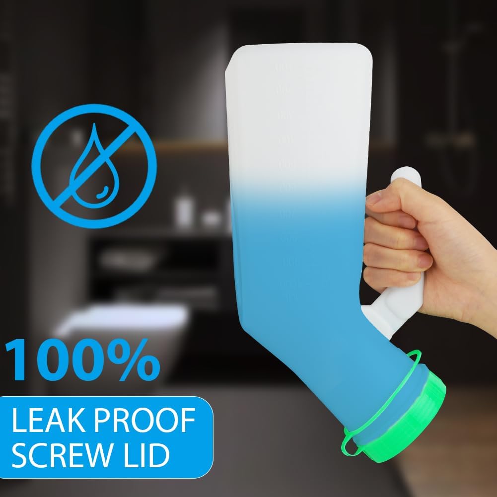 Blue and green water bottle with a hand holding it, featuring a leak-proof screw lid symbol.