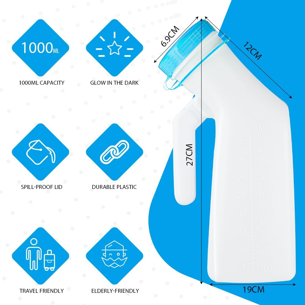 Product illustration with features and measurements of a bottle, including capacity, glow-in-the-dark feature, spill-proof lid, durable plastic, travel-friendly, and elderly-friendly aspects.