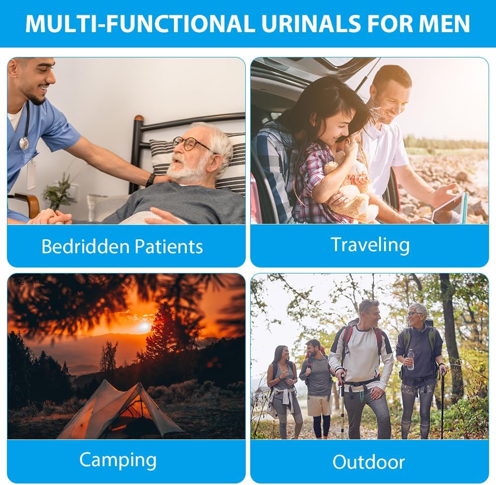 Promotional image for multi-functional urinals with scenarios including bedridden patients, traveling, camping, and outdoor activities.
