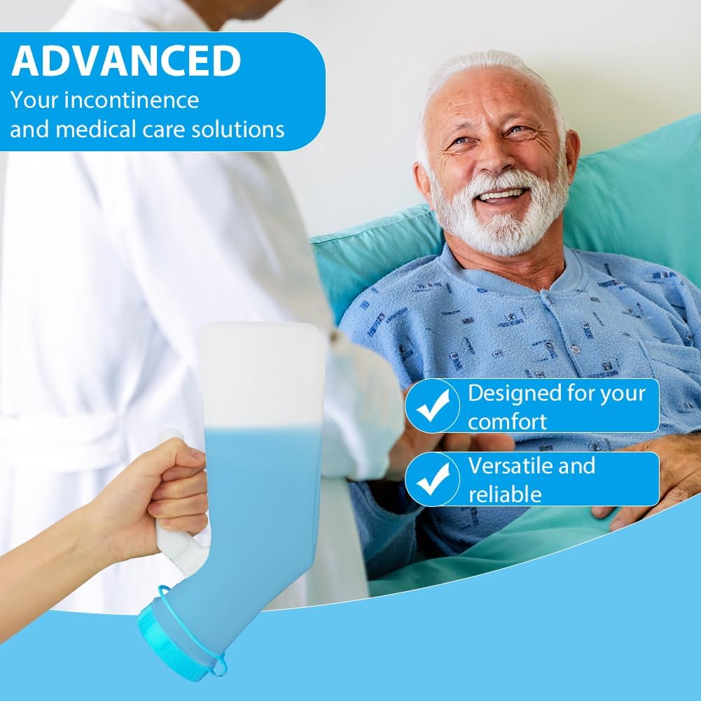 Man using a medical device with text about incontinence solutions and features.