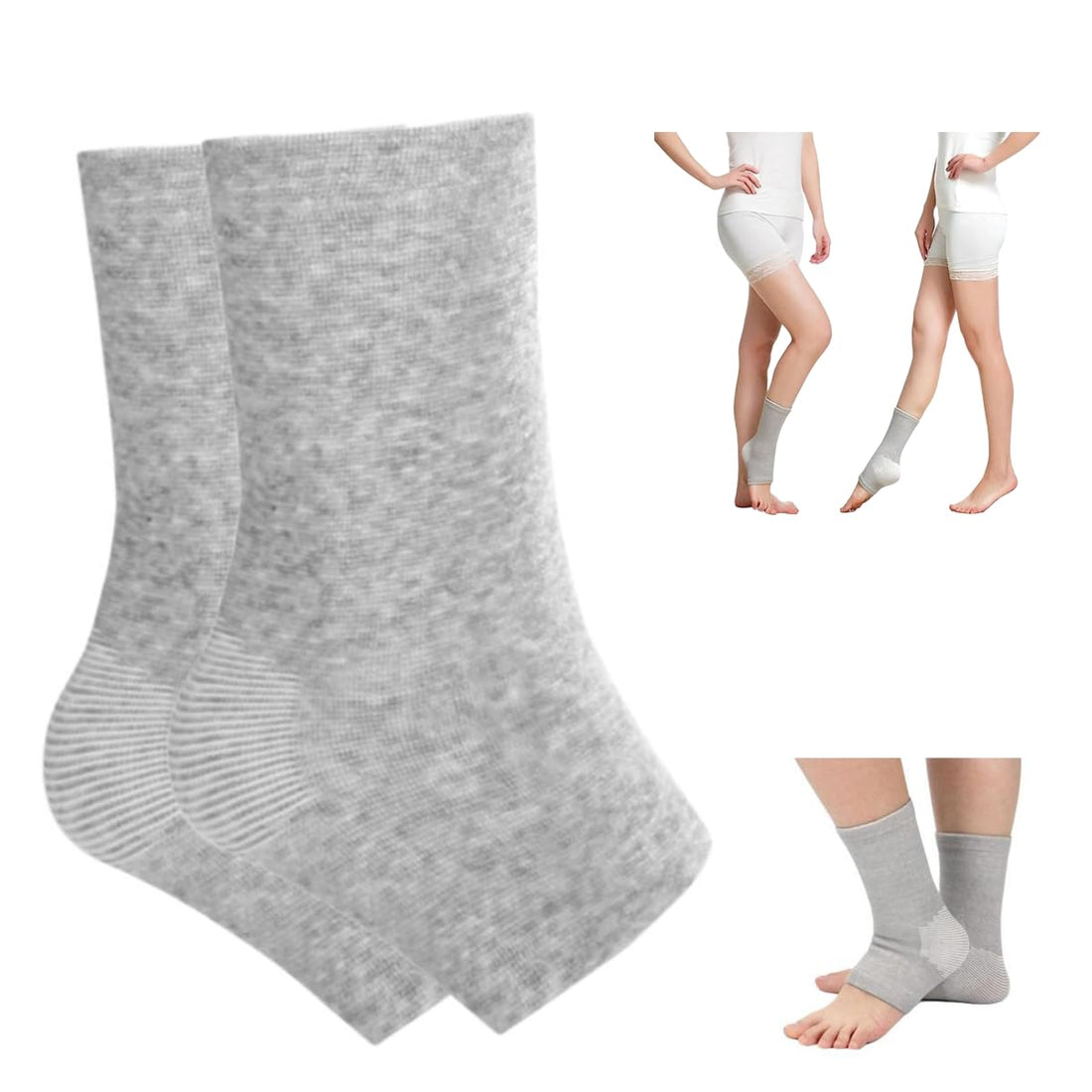 Gray ankle socks with a small inset showing people wearing them.
