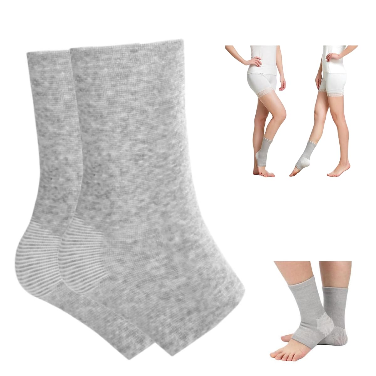 Gray ankle socks with a small inset showing people wearing them.