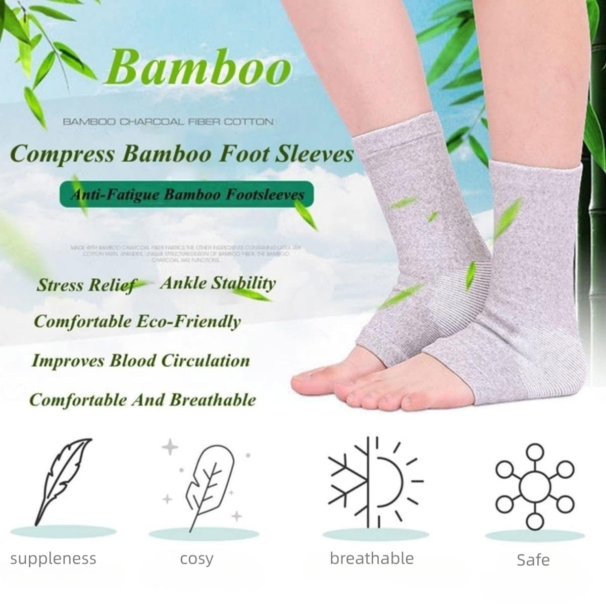 Bamboo foot sleeves with text highlighting benefits on a nature-themed background