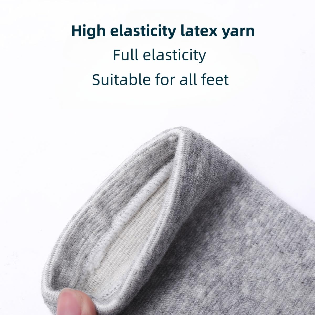 Close-up of gray sock with text about high elasticity latex yarn