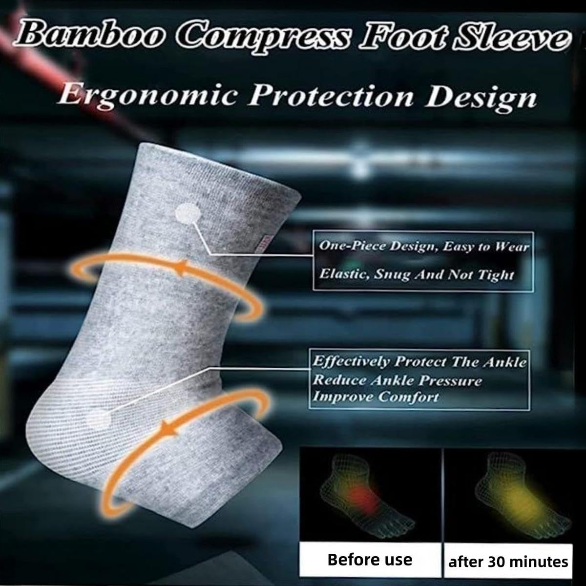 Bamboo compress foot sleeve with features and benefits on a dark background