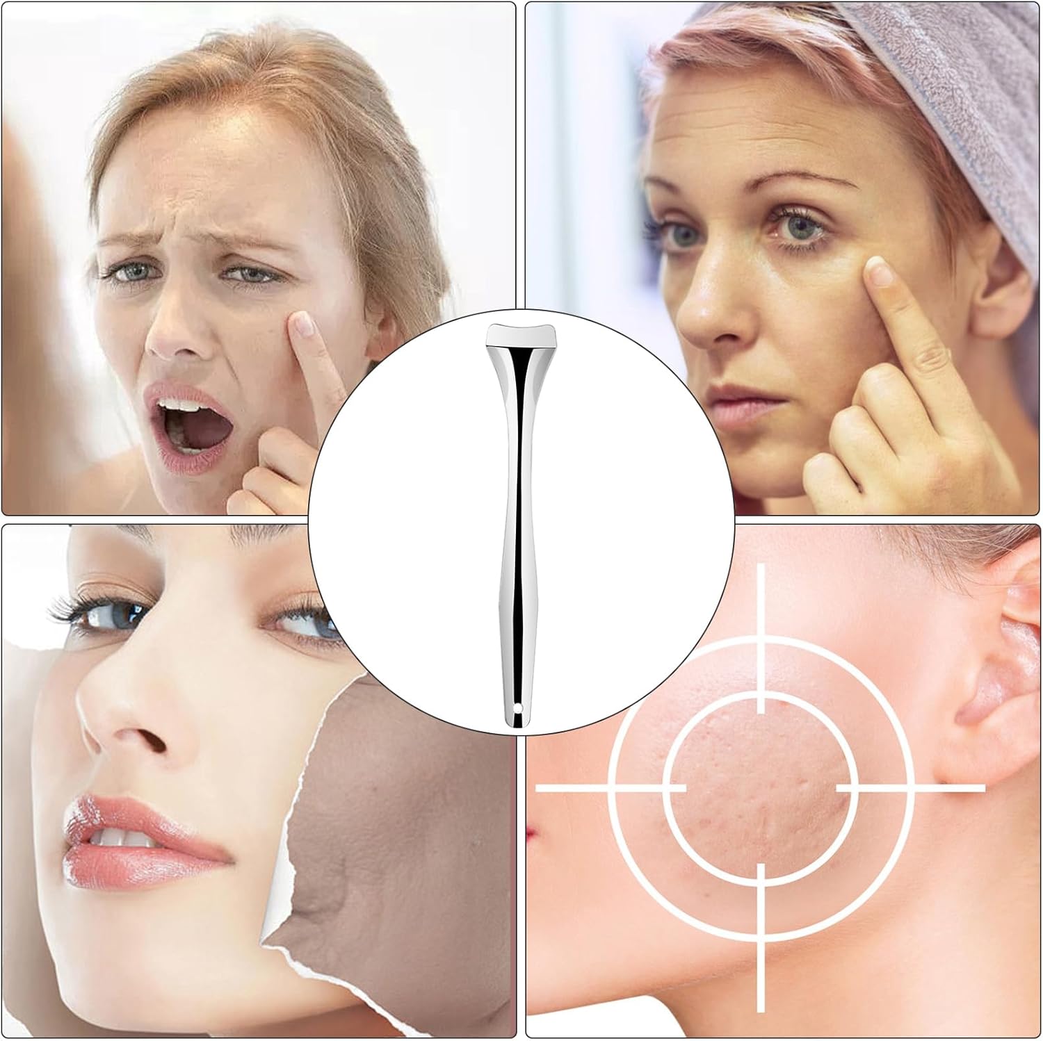 Collage of a woman using a skincare tool with close-up shots of skin texture and a target symbol.