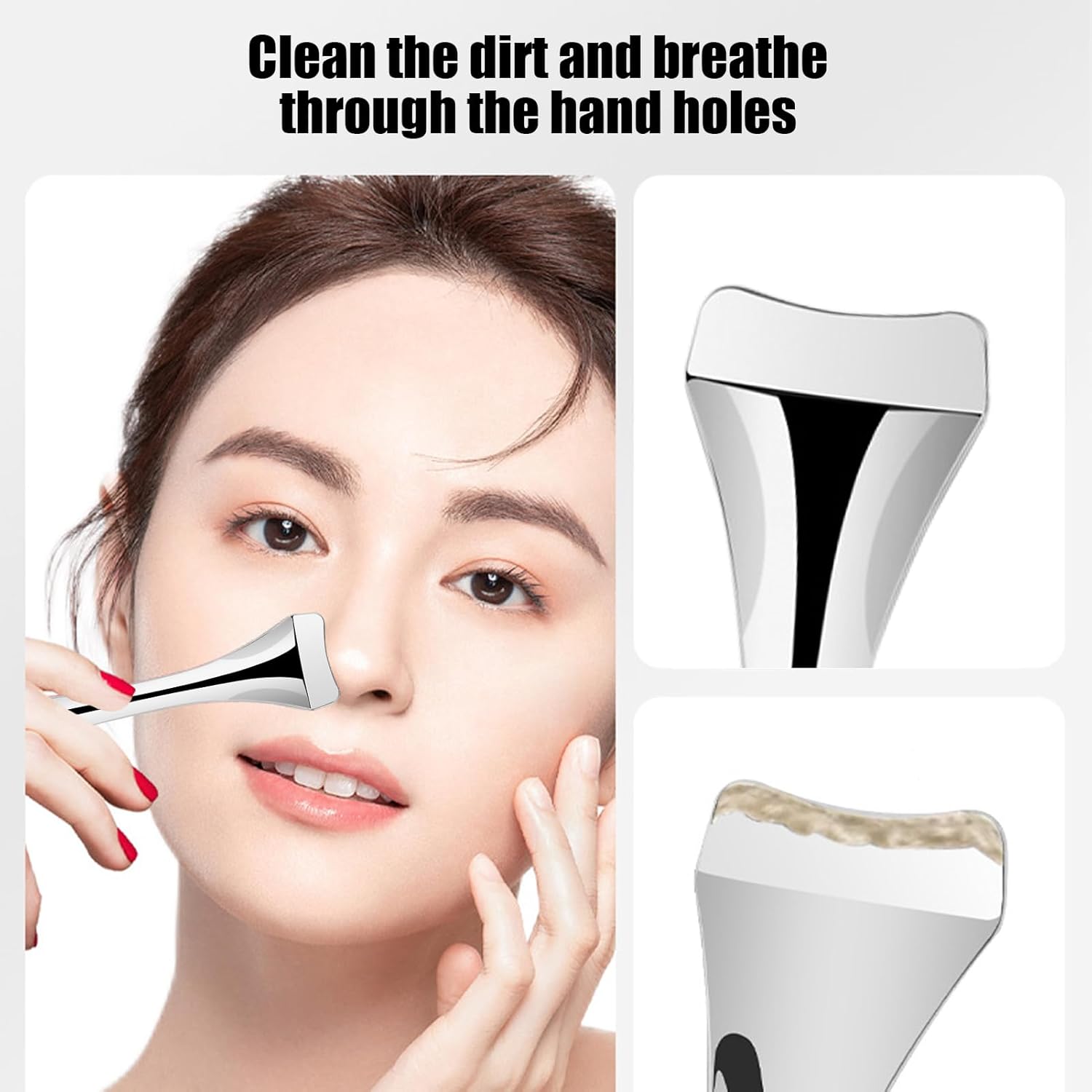 Woman using a black and white facial cleaning device with text on a white background