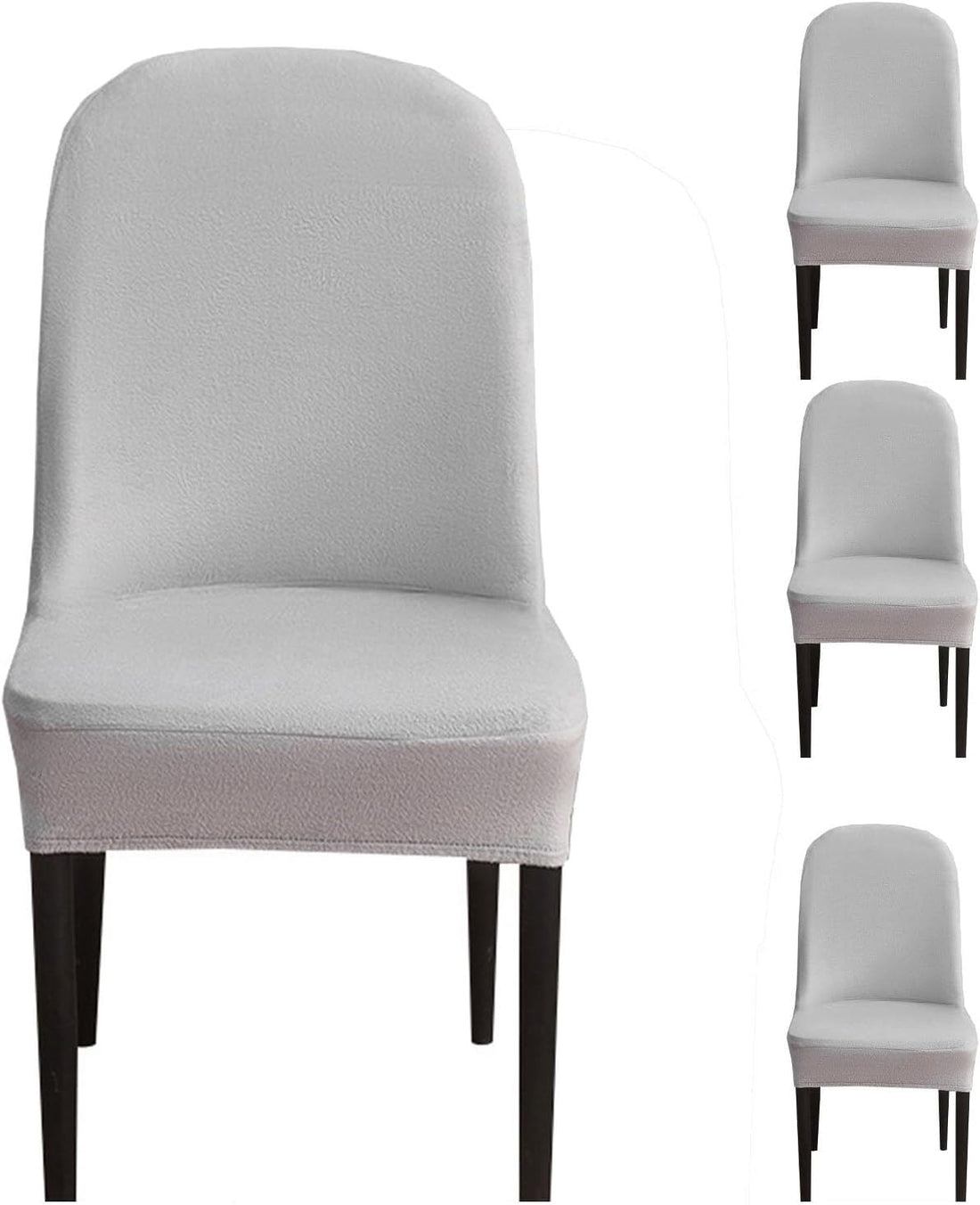 Set of gray upholstered chairs with dark legs on a white background