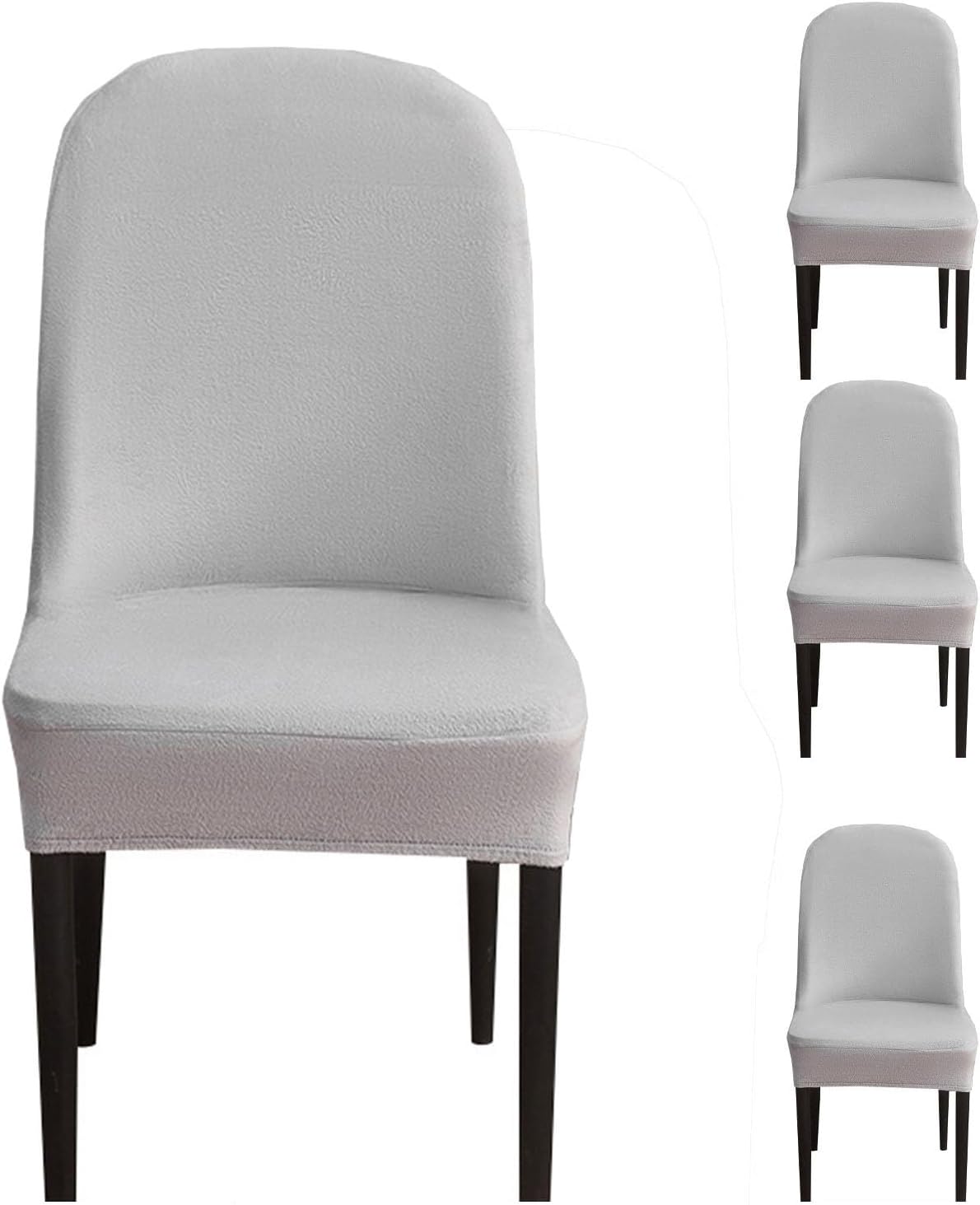 Set of gray upholstered chairs with dark legs on a white background