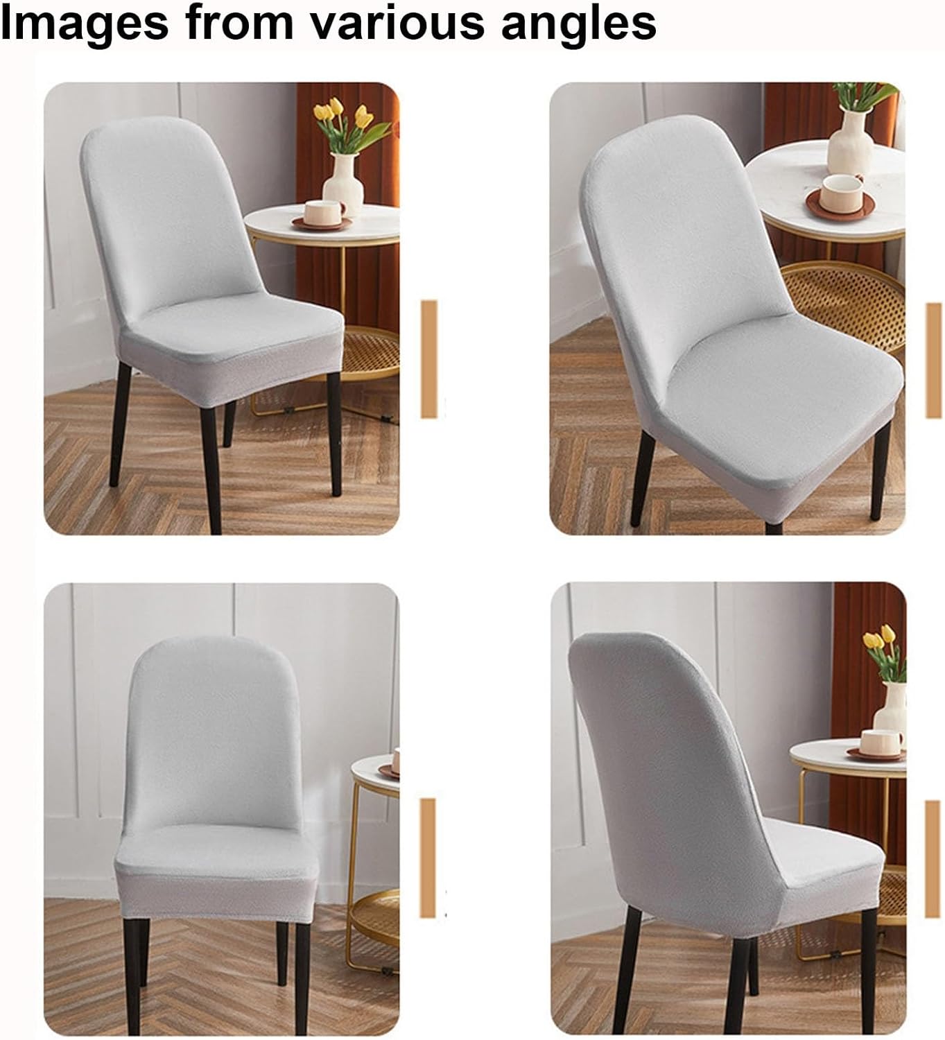 Gray chair with black legs shown from multiple angles on a wooden floor.