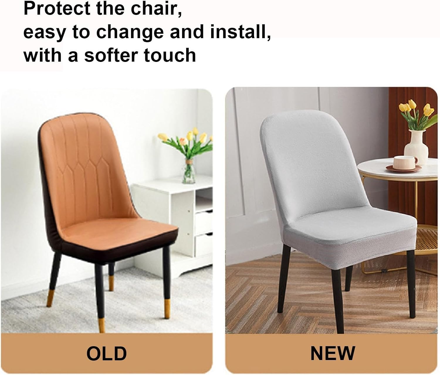 Comparison of an old chair with a brown cover and a new chair with a gray cover, with text indicating ease of change and installation.