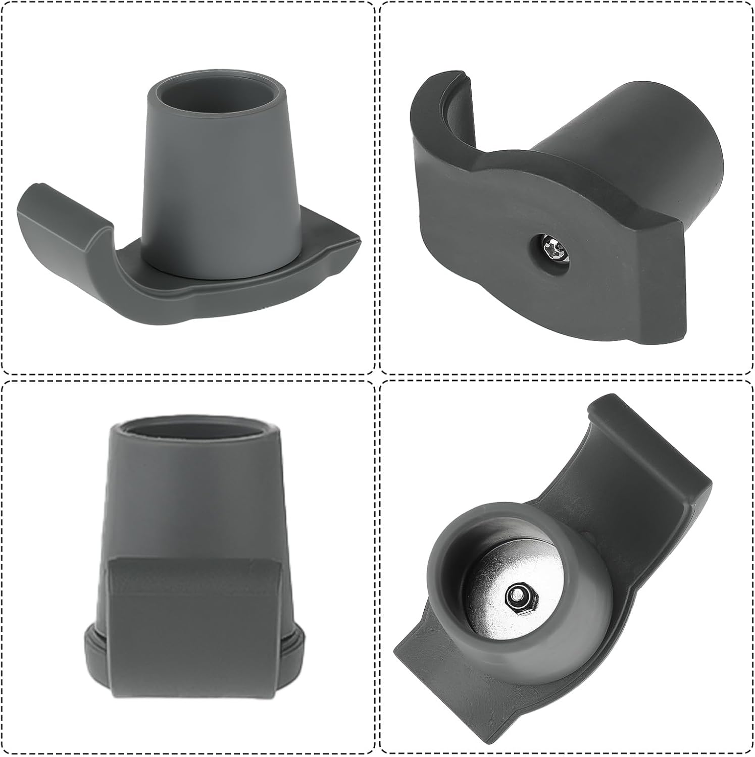 Four views of a gray plastic component on a white background
