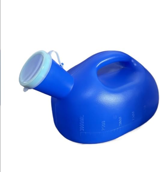 Blue plastic funnel with a white rim on a white background