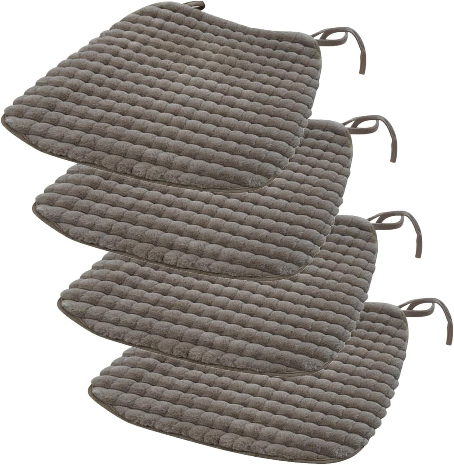 Set of five gray textured seat cushions with ties on a white background