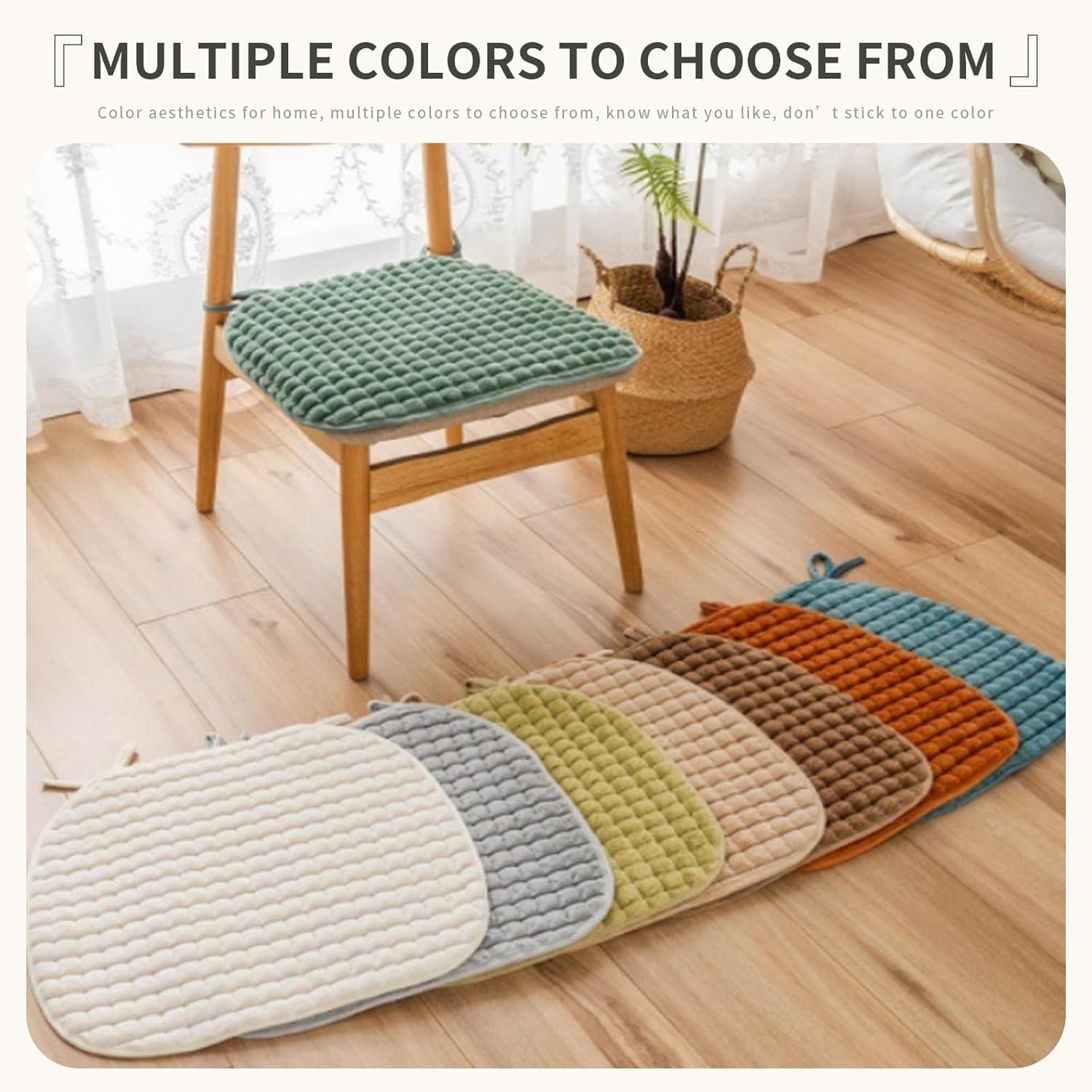 Set of colorful quilted coasters on a wooden floor with text about color options.