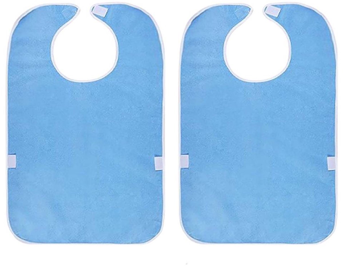 Two blue bibs with a white center on a white background
