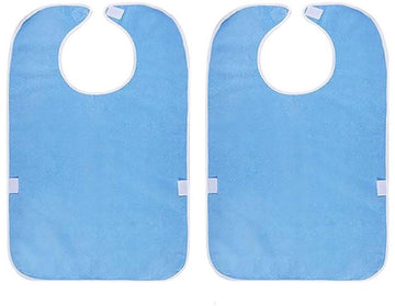Two blue bibs with a white center on a white background