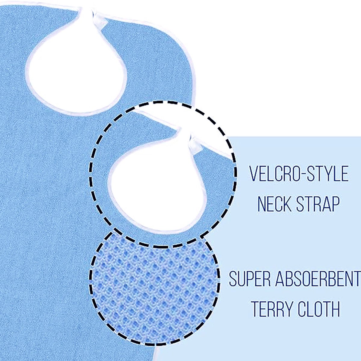 Diagram of a blue bib with a velcro-style neck strap and super absorbent terry cloth, on a light blue background.
