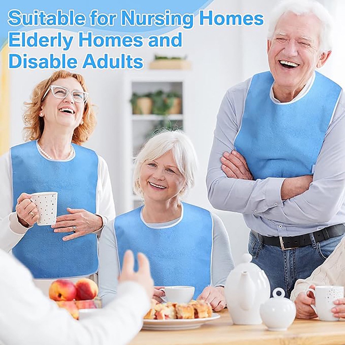 Group of elderly people wearing blue aprons, suitable for nursing homes and disable adults.