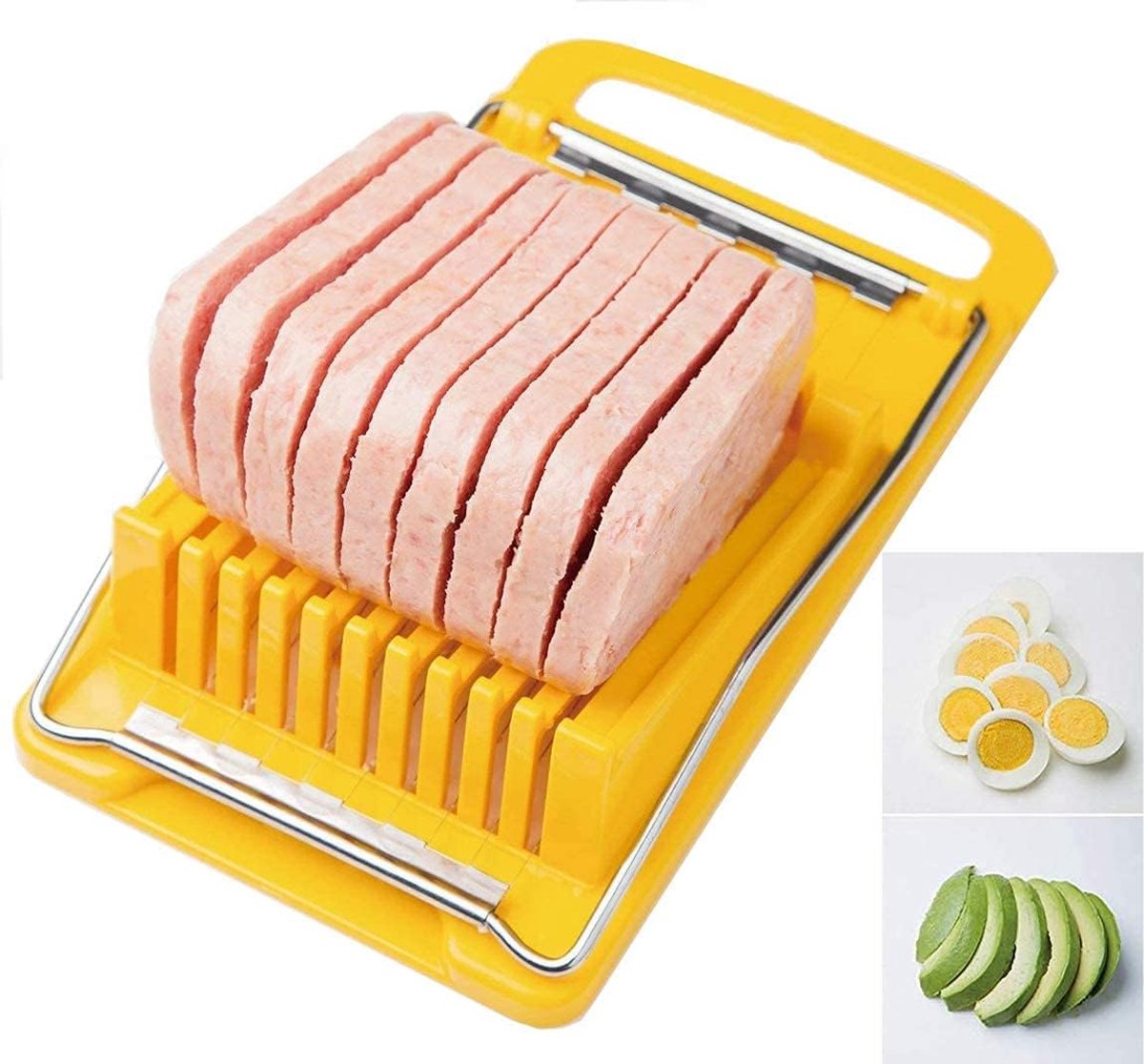 Yellow meat slicer with sliced meat on a white background