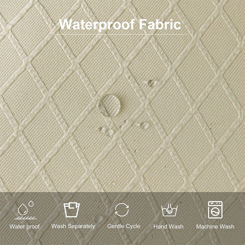 Waterproof fabric with water droplet simulation and washing instructions.
