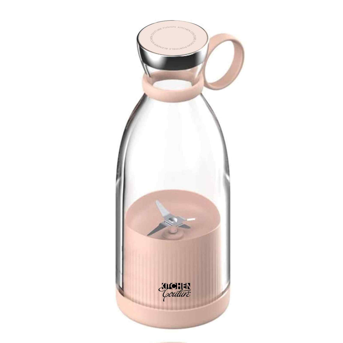 Glass water bottle with pink base and lid on a white background
