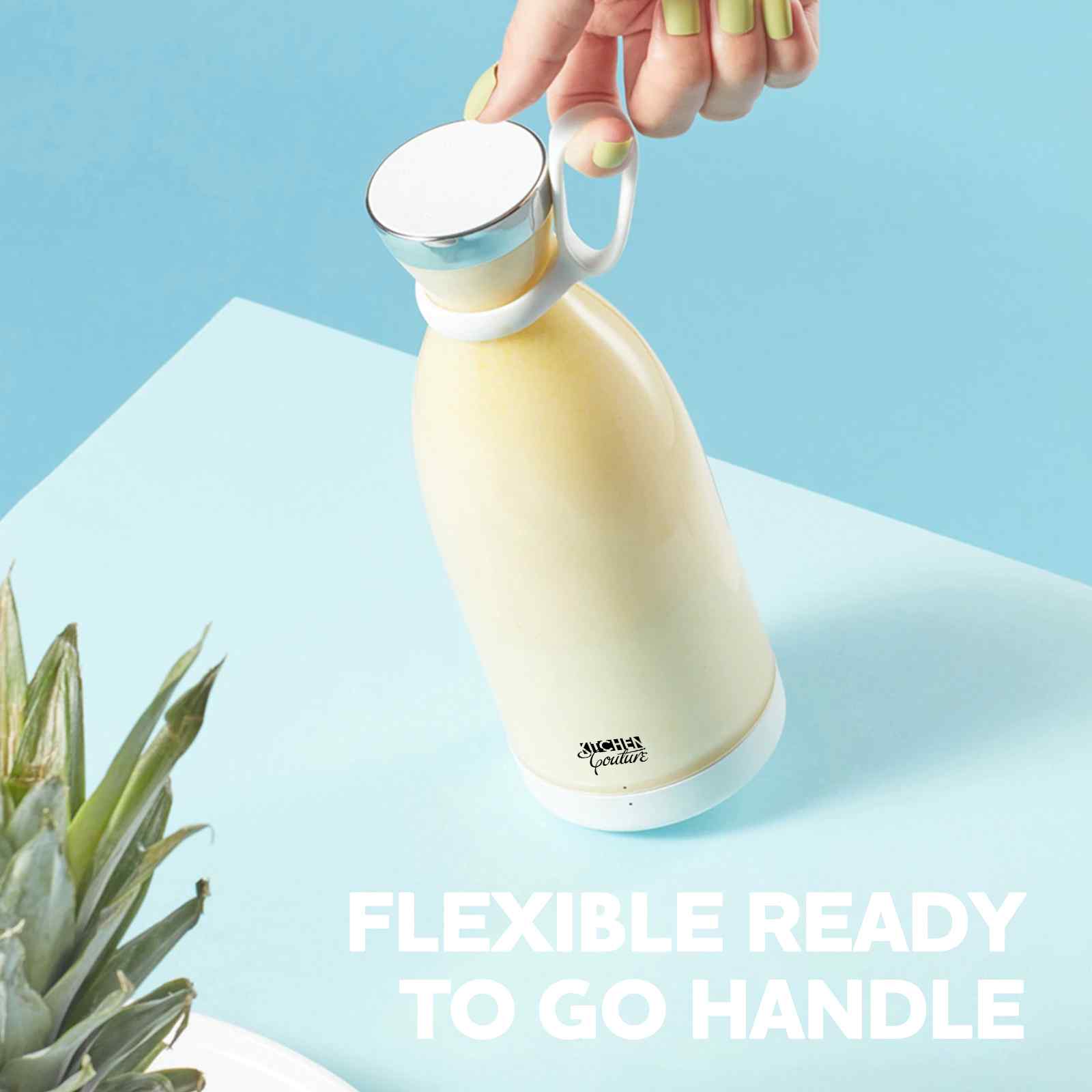 White insulated bottle with a flexible handle on a light blue background