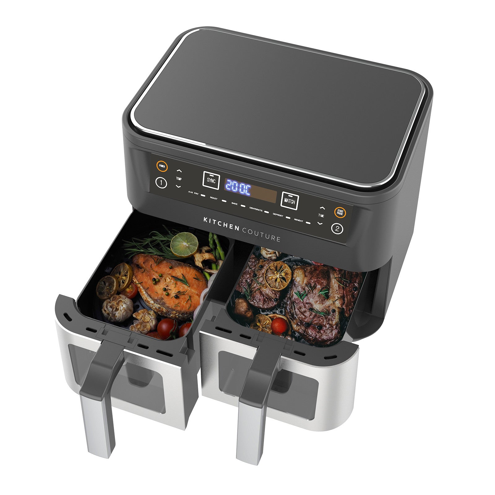 Double air fryer with food inside on a white background