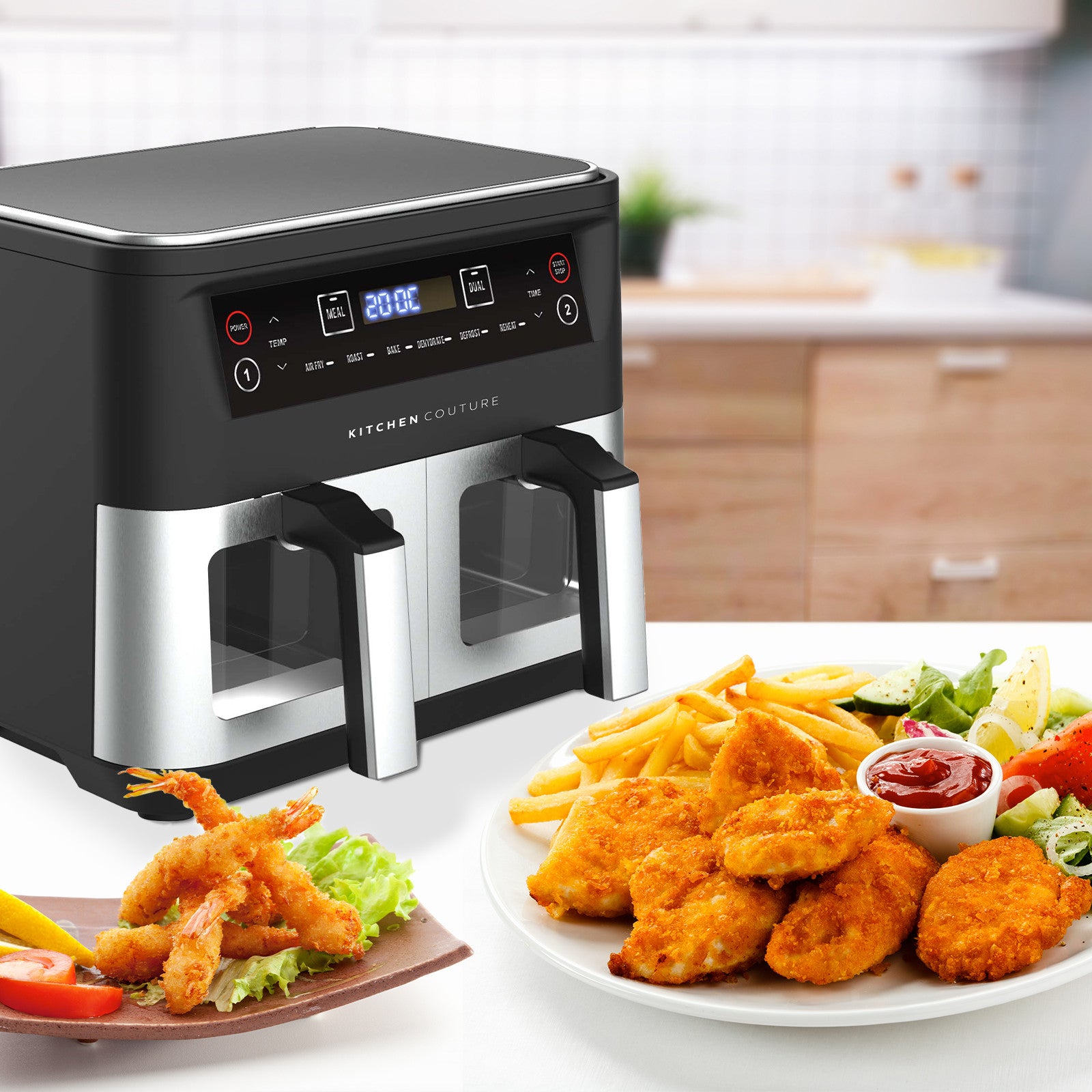 Kitchen appliance with food items on a plate in a kitchen setting