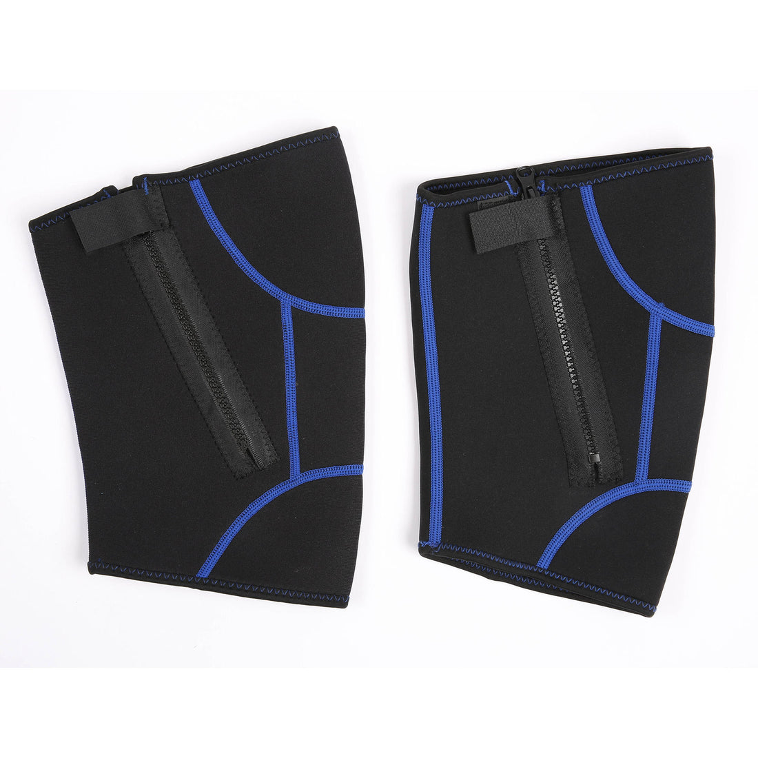 Black neoprene compression sleeves with blue stitching and zippers on a white background