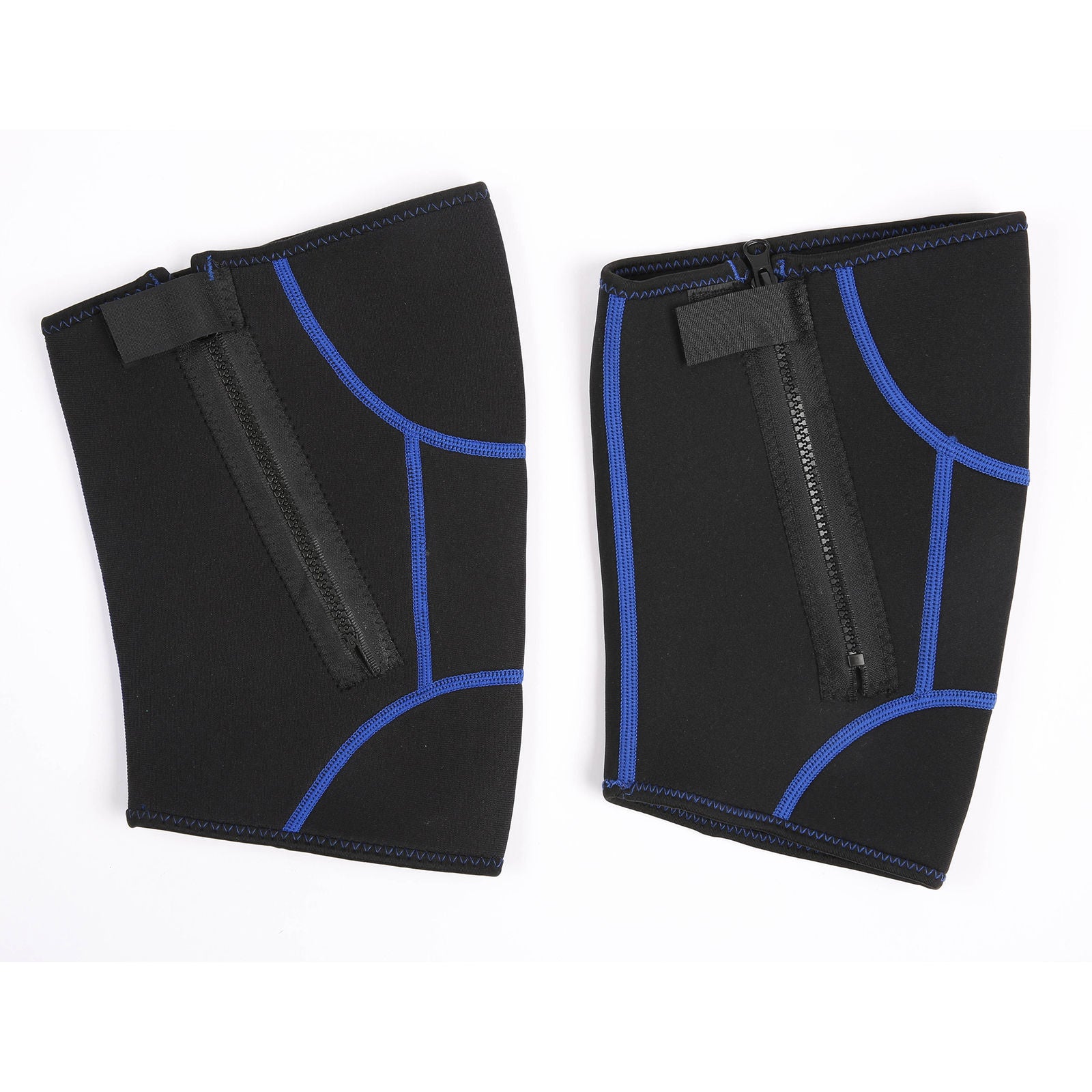 Black neoprene compression sleeves with blue stitching and zippers on a white background