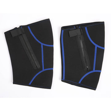 Black neoprene compression sleeves with blue stitching and zippers on a white background