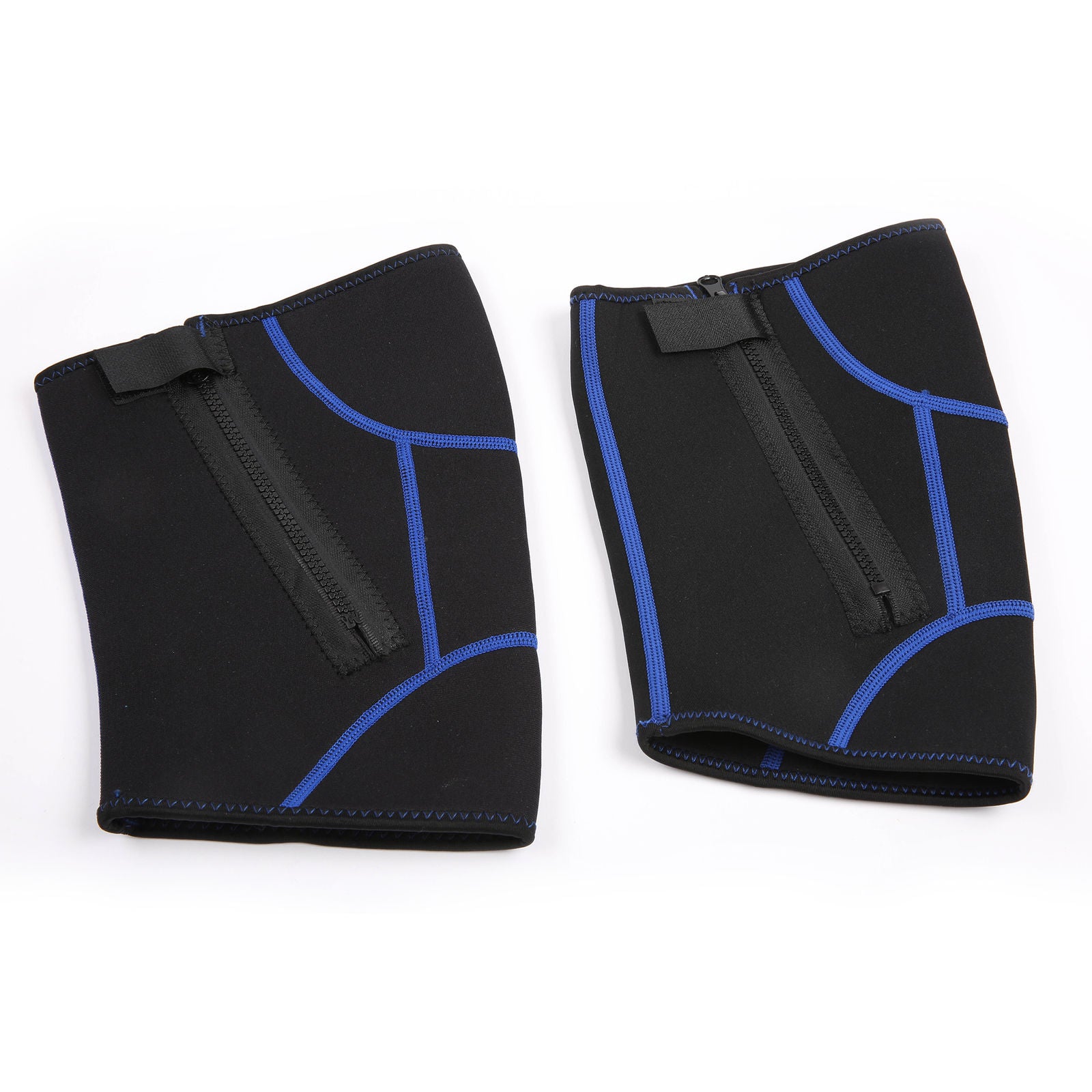 Two black neoprene wrist wraps with blue stitching on a white background