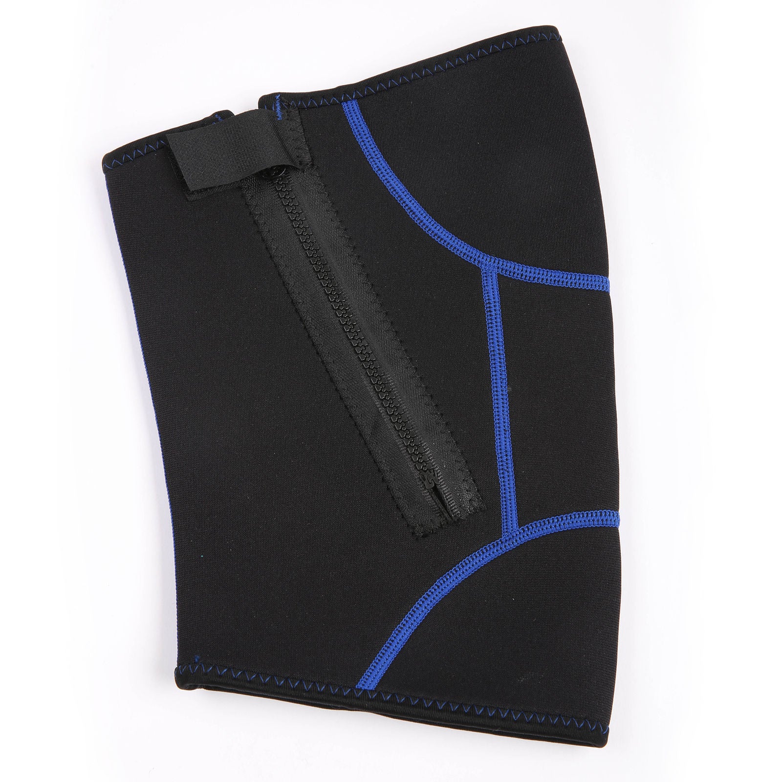 Black neoprene knee support with blue stitching on a white background