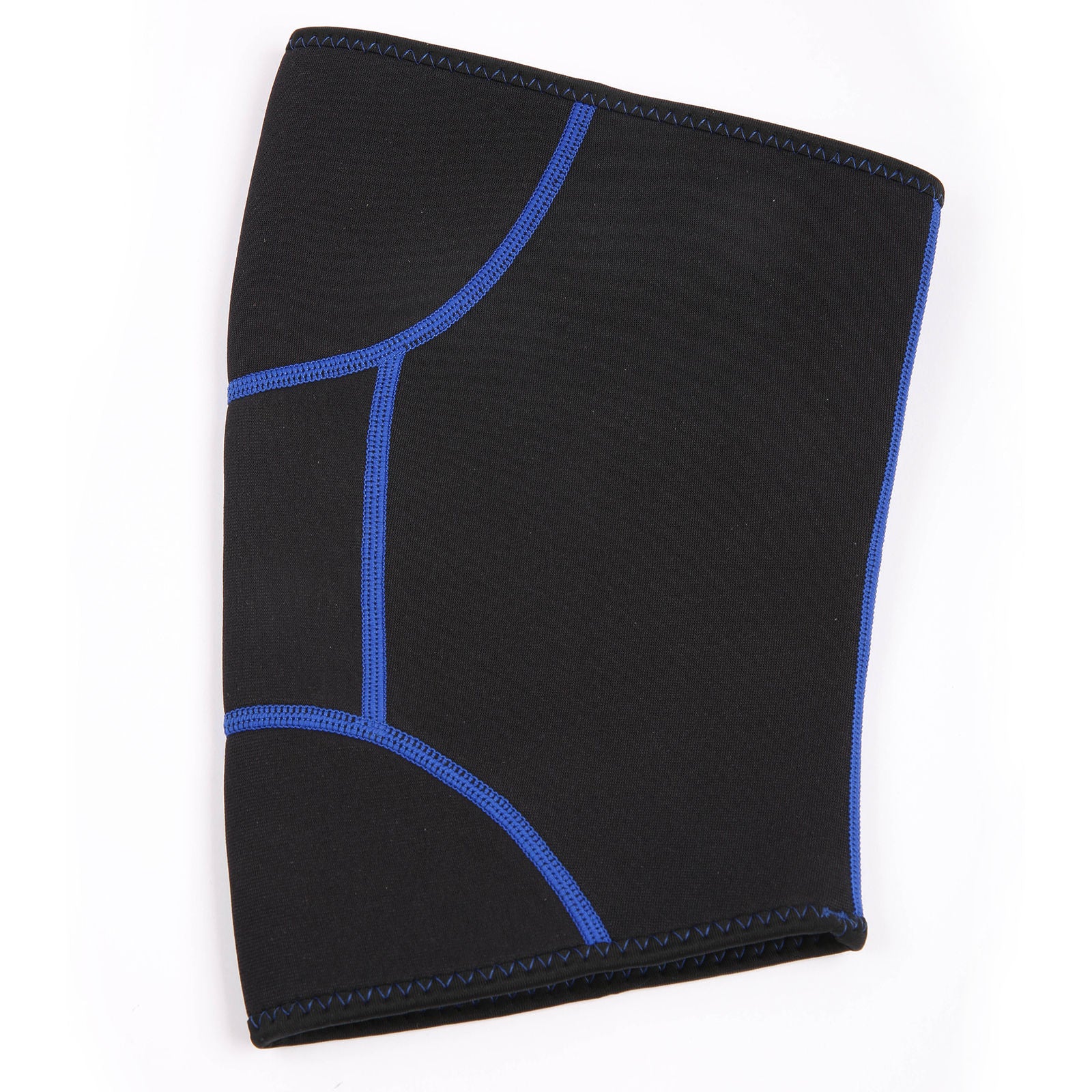 Black knee brace with blue accents on a white background