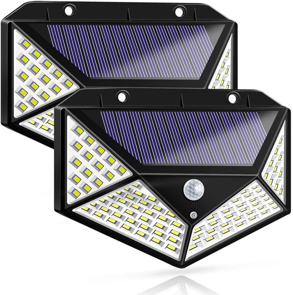 Two solar-powered outdoor lights with motion sensor on a white background