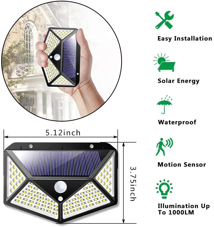 Solar-powered outdoor light with installation instructions and features on a white background