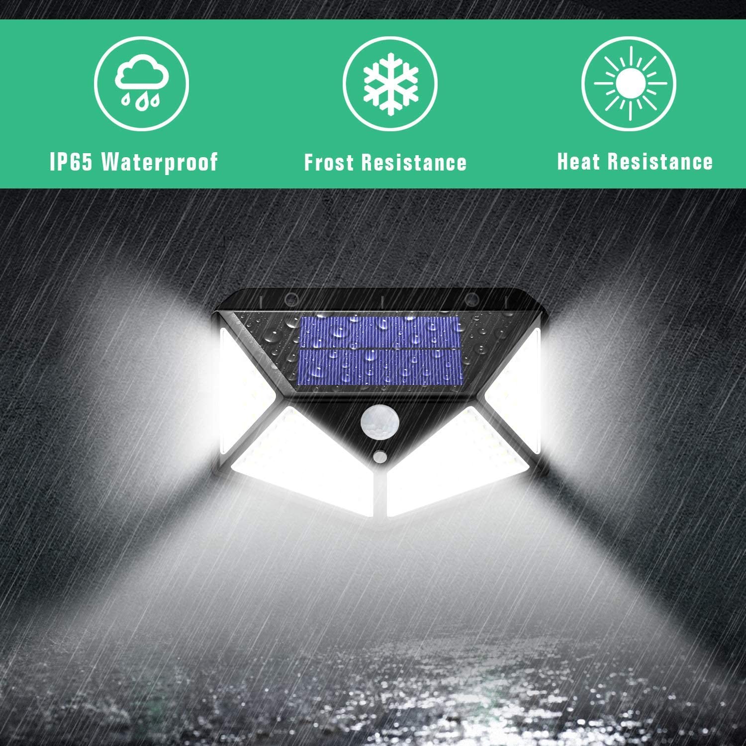 Solar light system with waterproof, frost resistance, and heat resistance features in a rain scene.