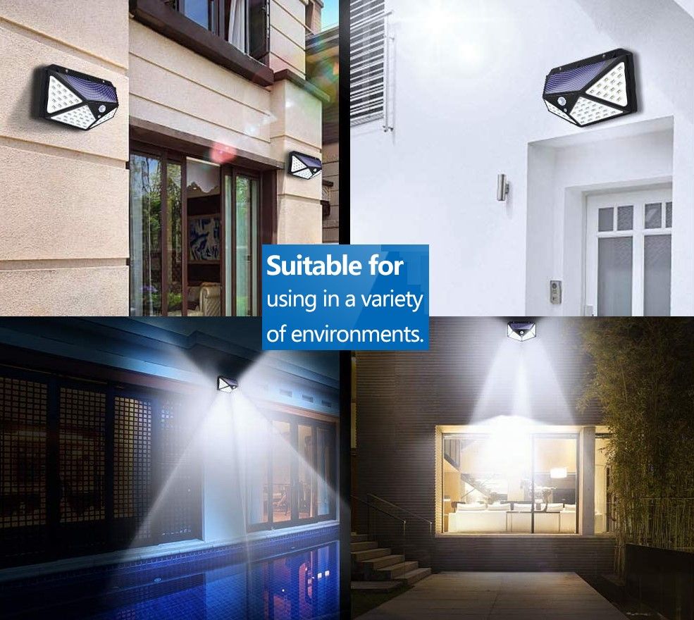 Collage of outdoor LED lights on different building exteriors with text 'Suitable for using in a variety of environments'.