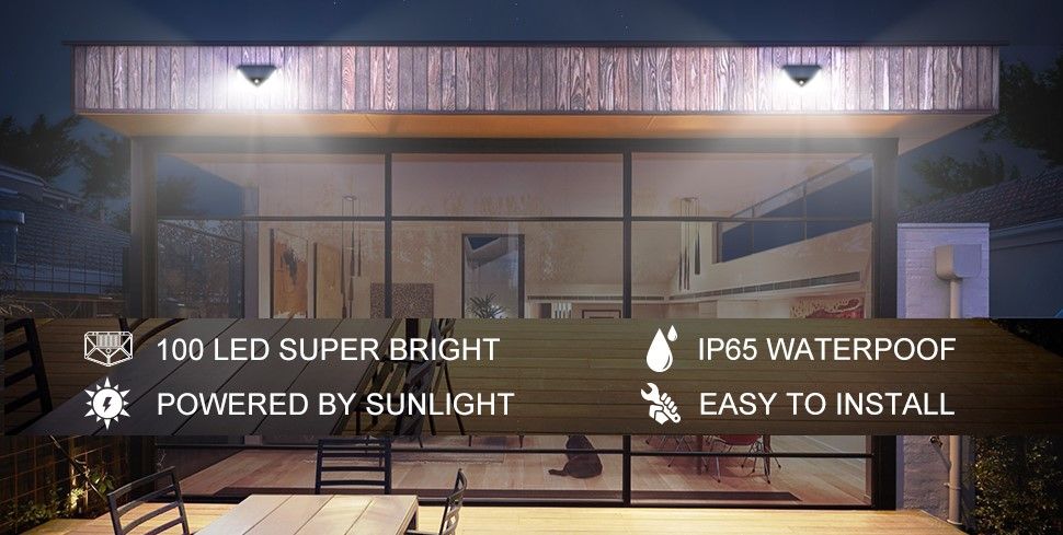 Modern outdoor patio with LED lights and text highlighting features
