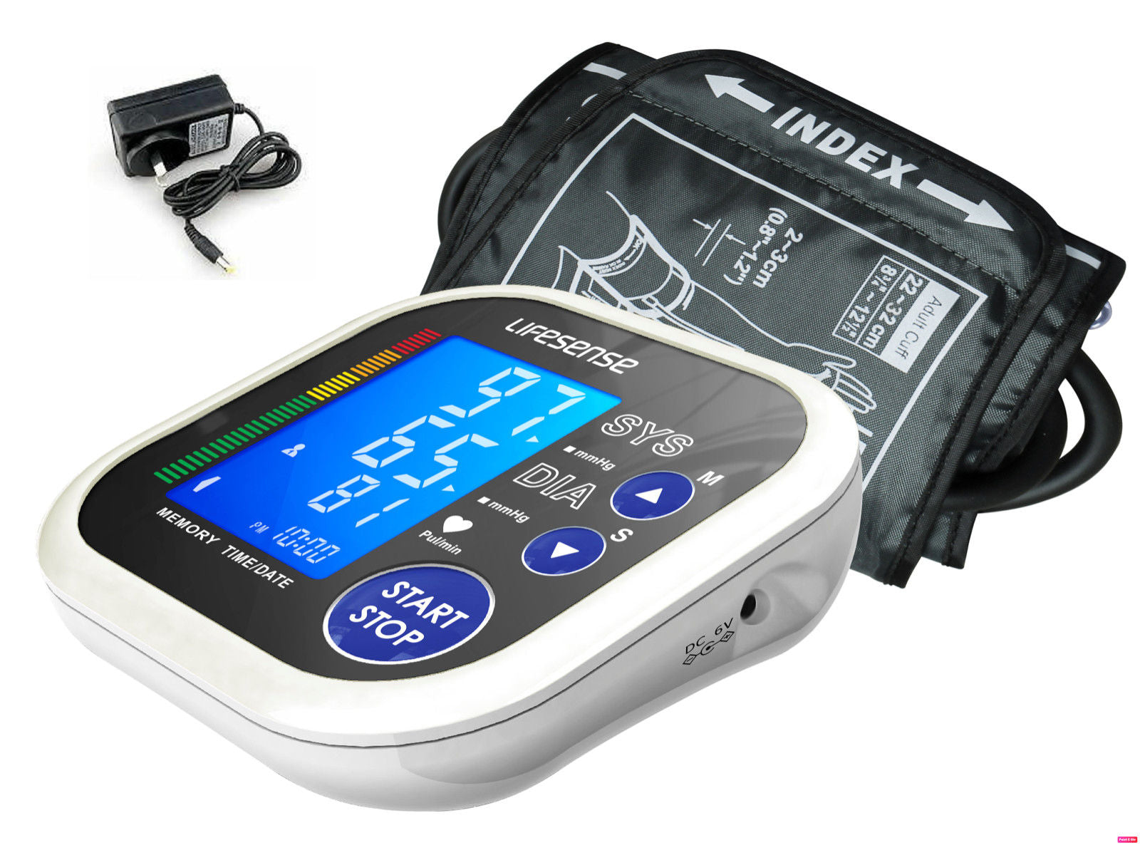 Blood pressure monitor with digital display on a white background